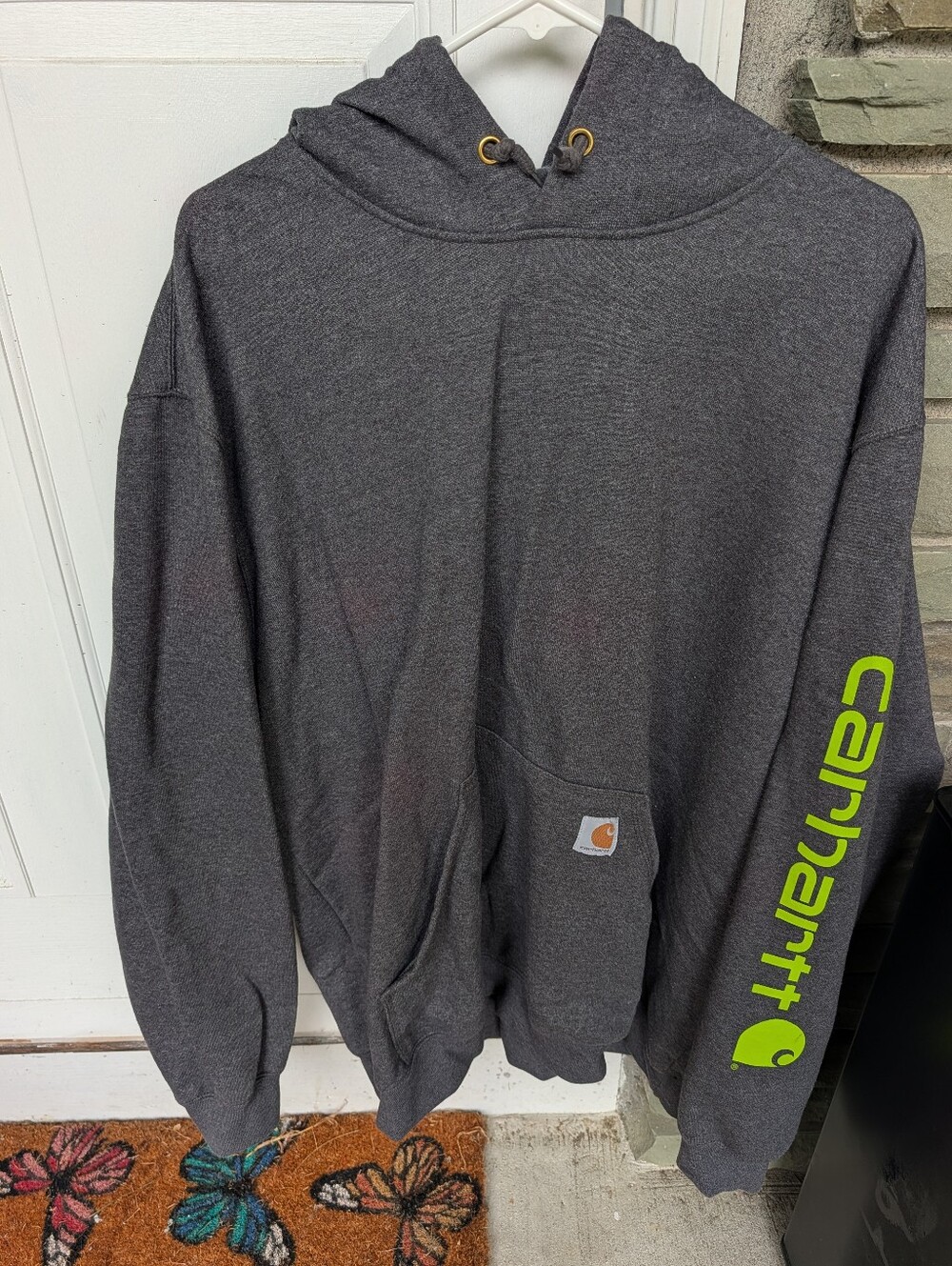 Carhartt Dark Gray Hoodie with Neon Green Sleeve Logo Size XL